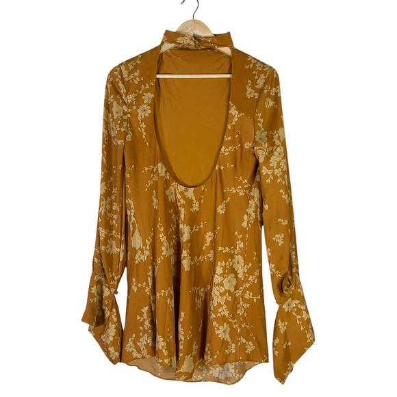 Free People Womens Aries Floral Mini Dress Size S Mustard Open Back Festival - Picture 6 of 7
